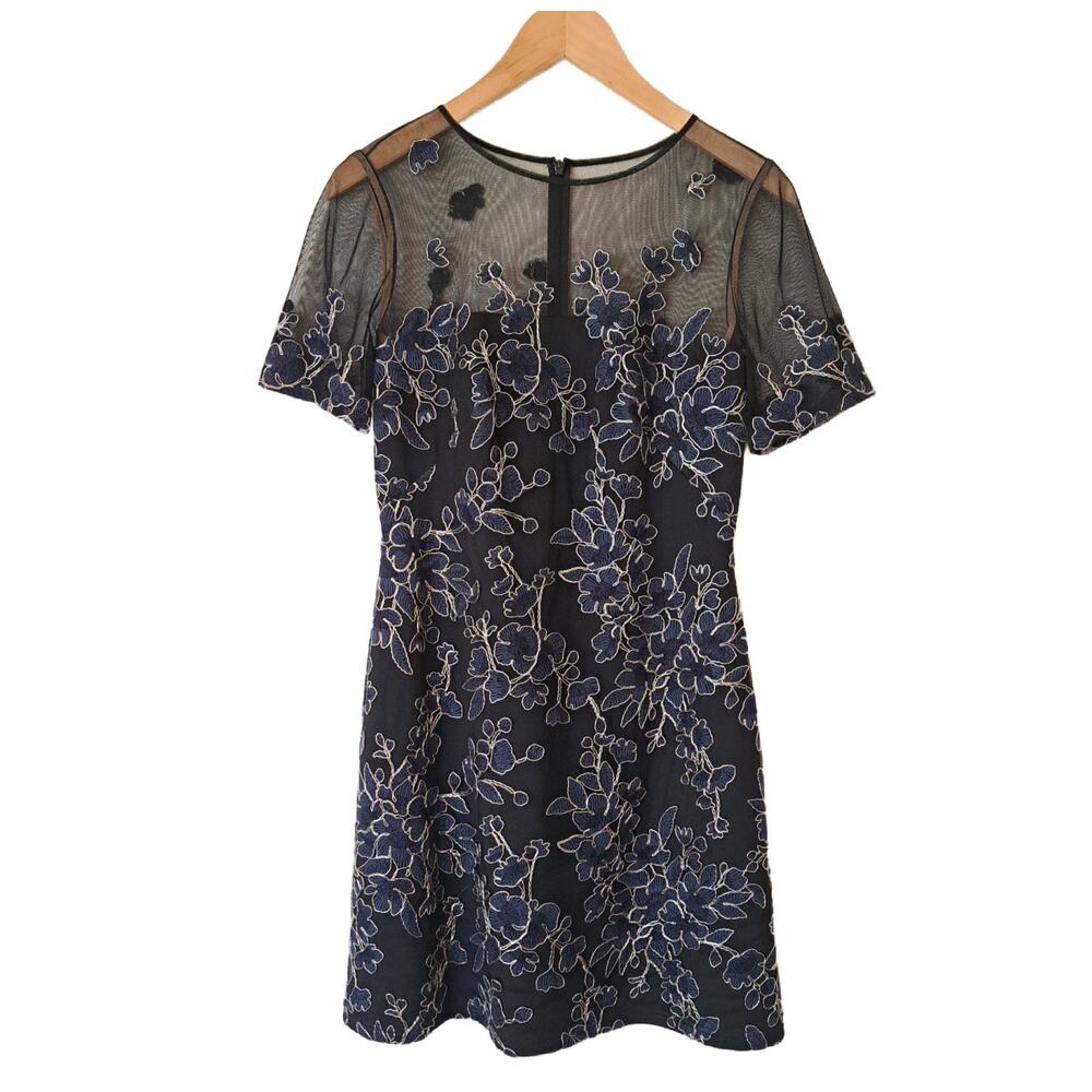 TADASHI SHOJI Cardea Embroidered Floral Tulle Cocktail Dress Size 6 Navy Gold - Picture 9 of 14